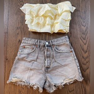 Zara Lot Jean Shorts Grey 4 and Yellow Tube Top M